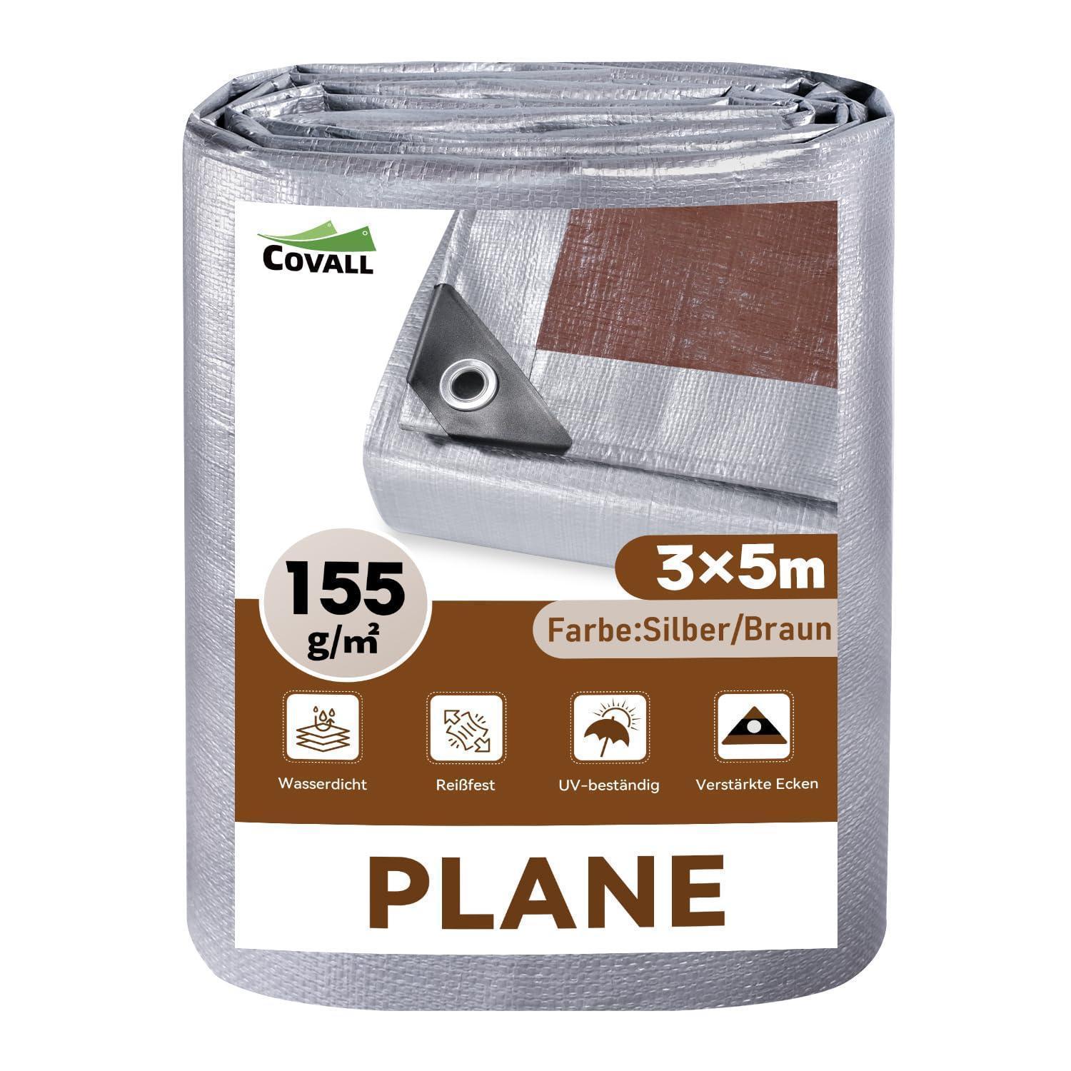Abdeckplane 3x5m 155g/m² Wasserdicht Uv-beständig Silber/braun Mit Ösen