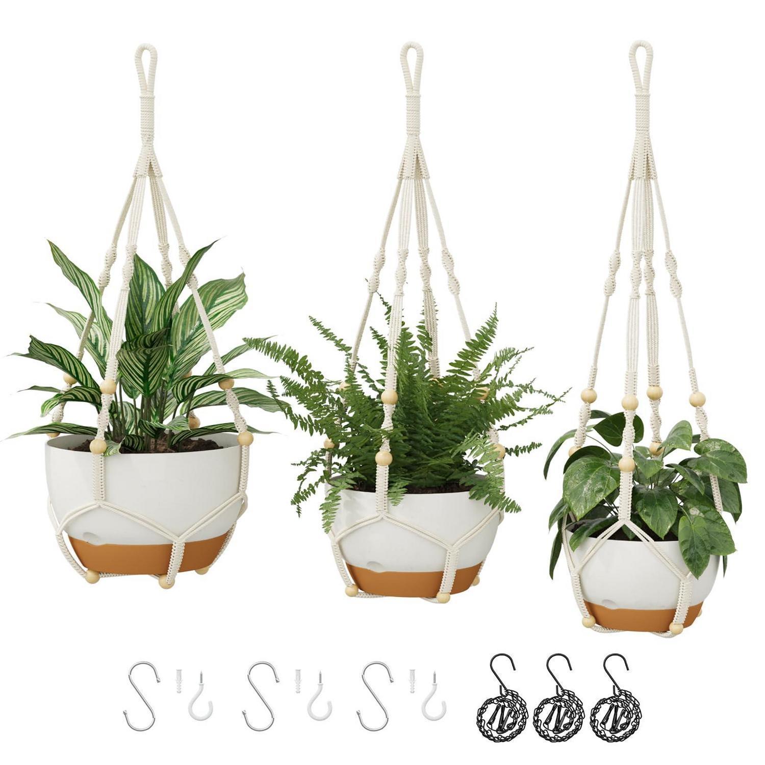 3er-set Makramee Blumenampeln Mit Selbstbewässerung & Kette, Hängende Blumentöpfe Für Zimmerpflanzen