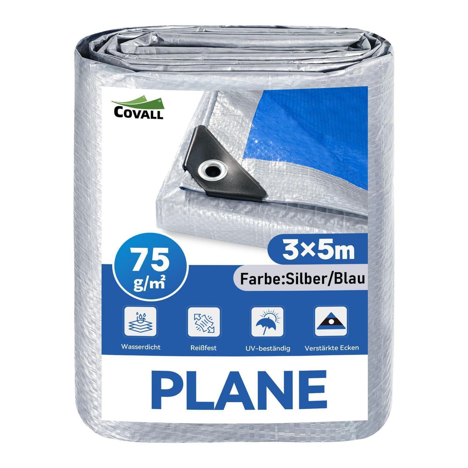 Plane 3x5m Silber/blau, 75g/m², Wasserdicht, Uv- & Reißfest