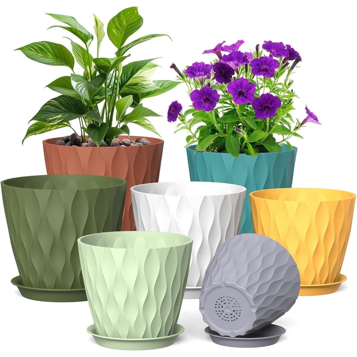 7er Set Blumentöpfe Mit Untersetzer, 7 Größen, Kunststoff, Abflusslöcher, 3d-wellen-design