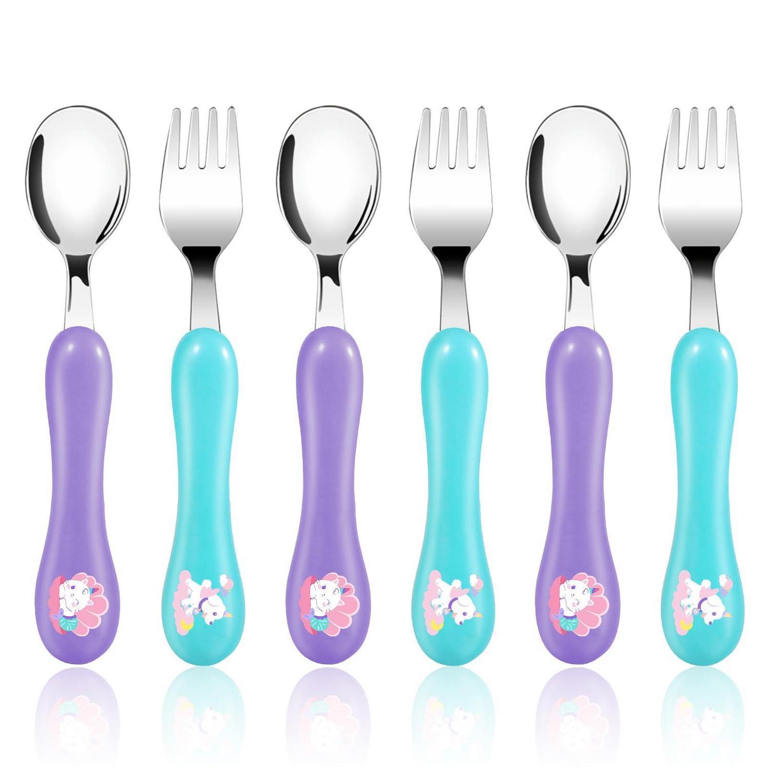 Kinderbesteck Set 6-teilig Edelstahl & Plastik Ab 1 Jahr, Gabel Löffel Mit Einhorn Motiv