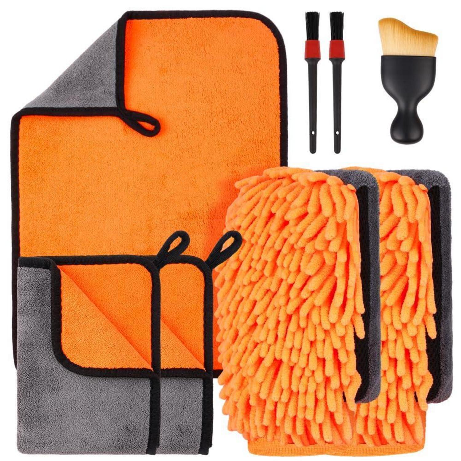 Autopflege Set 8-teilig: 3x Mikrofasertücher 600gsm, 2x Waschhandschuh, 3x Bürsten