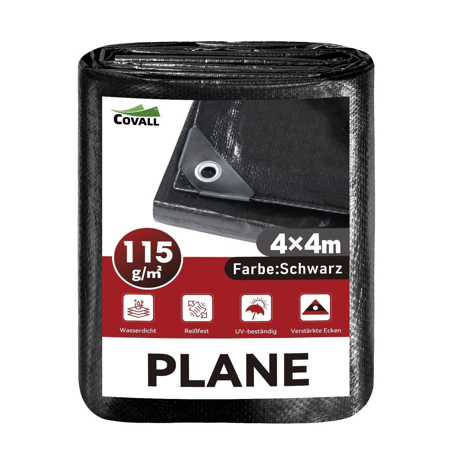 Abdeckplane 4x4m Schwarz, 115g/m², Wasserdicht & Uv-beständig
