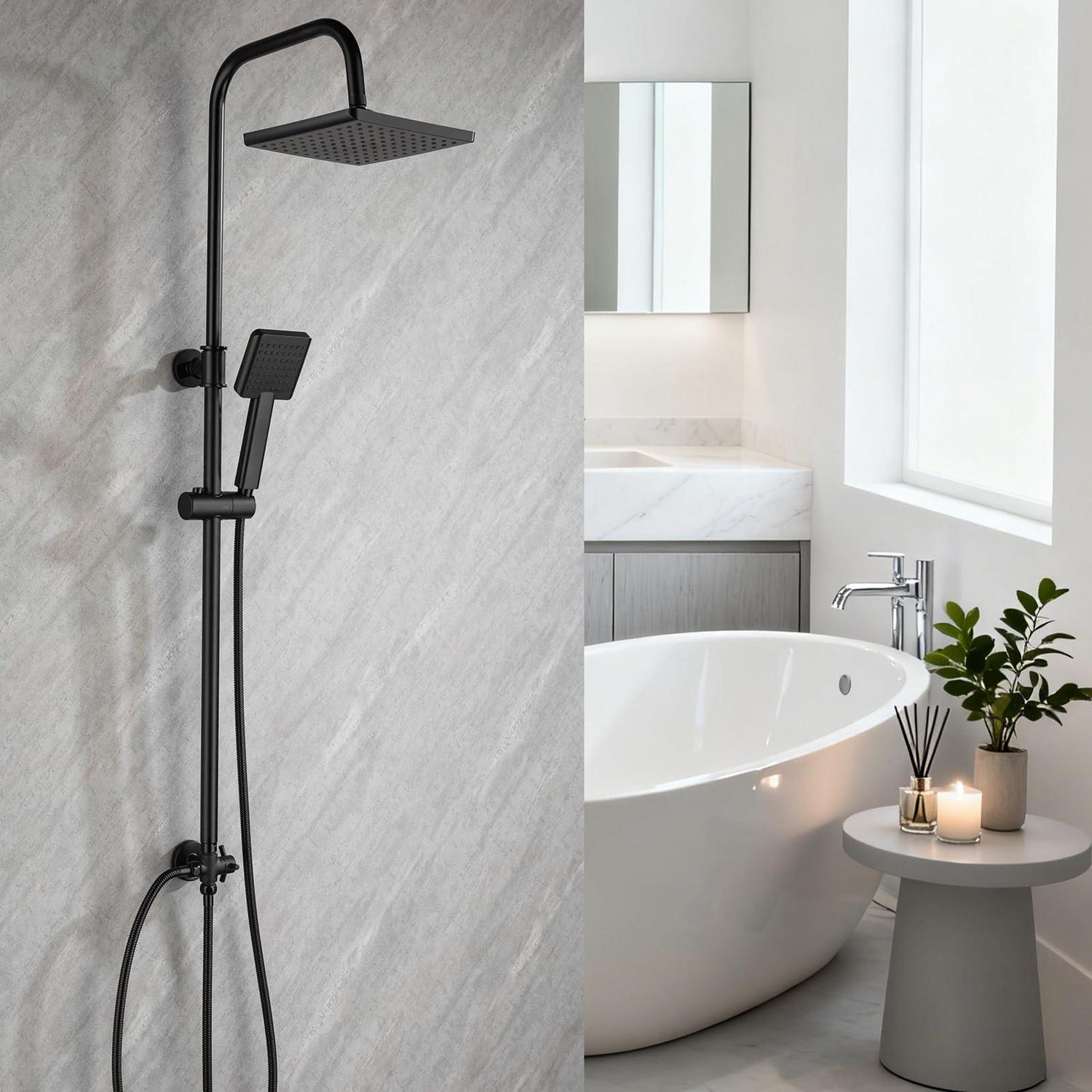 Duschsystem Ohne Armatur, Höhenverstellbar, 21cm Quadratische Kopfbrause, Schwarz Matt