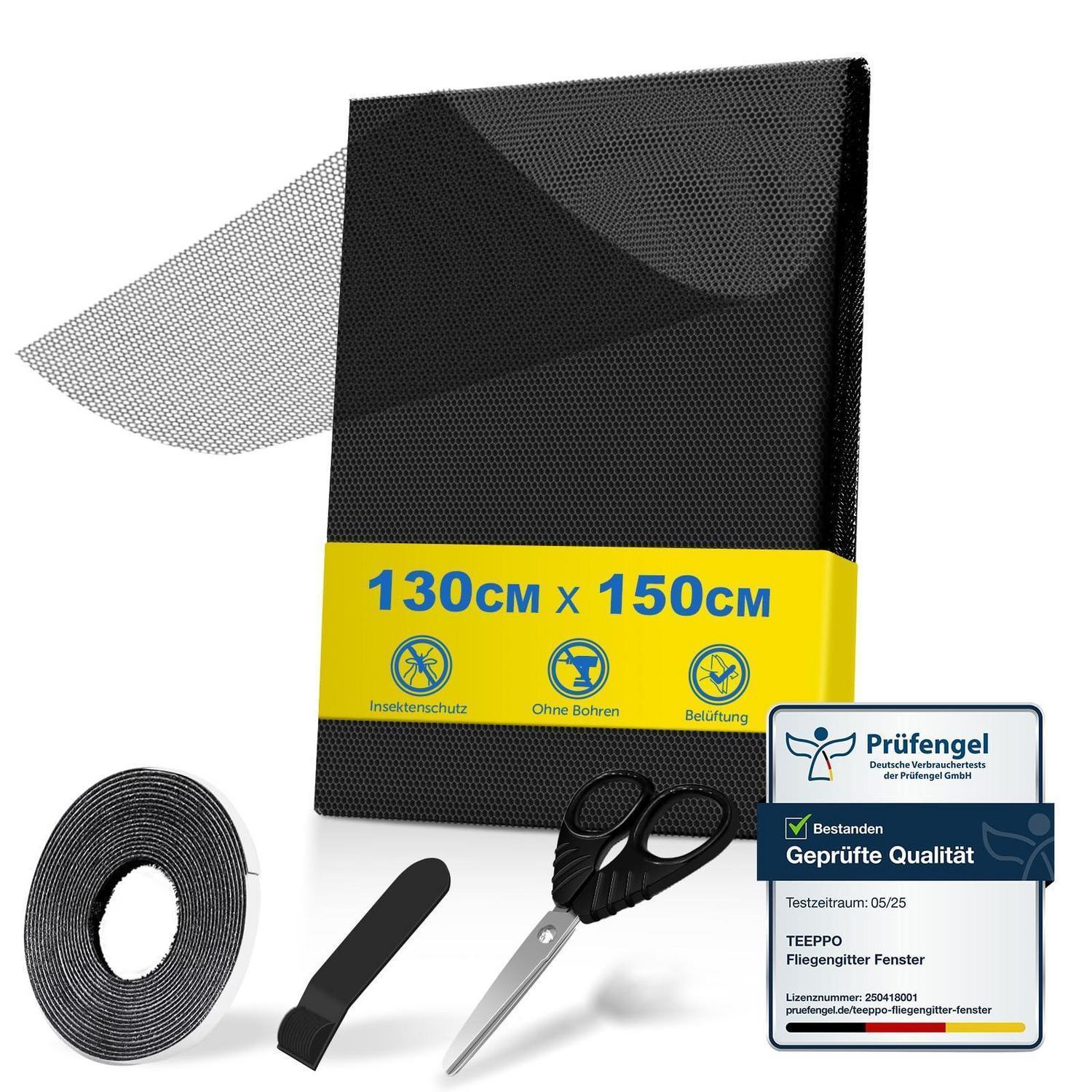 Fliegengitter Fenster 2 Stück 130x150cm, Insektenschutz Ohne Bohren, Zuschneidbar, Schwarz