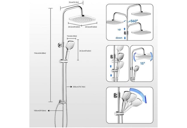 Duschsystem Ohne Armatur, Höhenverstellbar, 30x30cm Quadratisch, Chrom