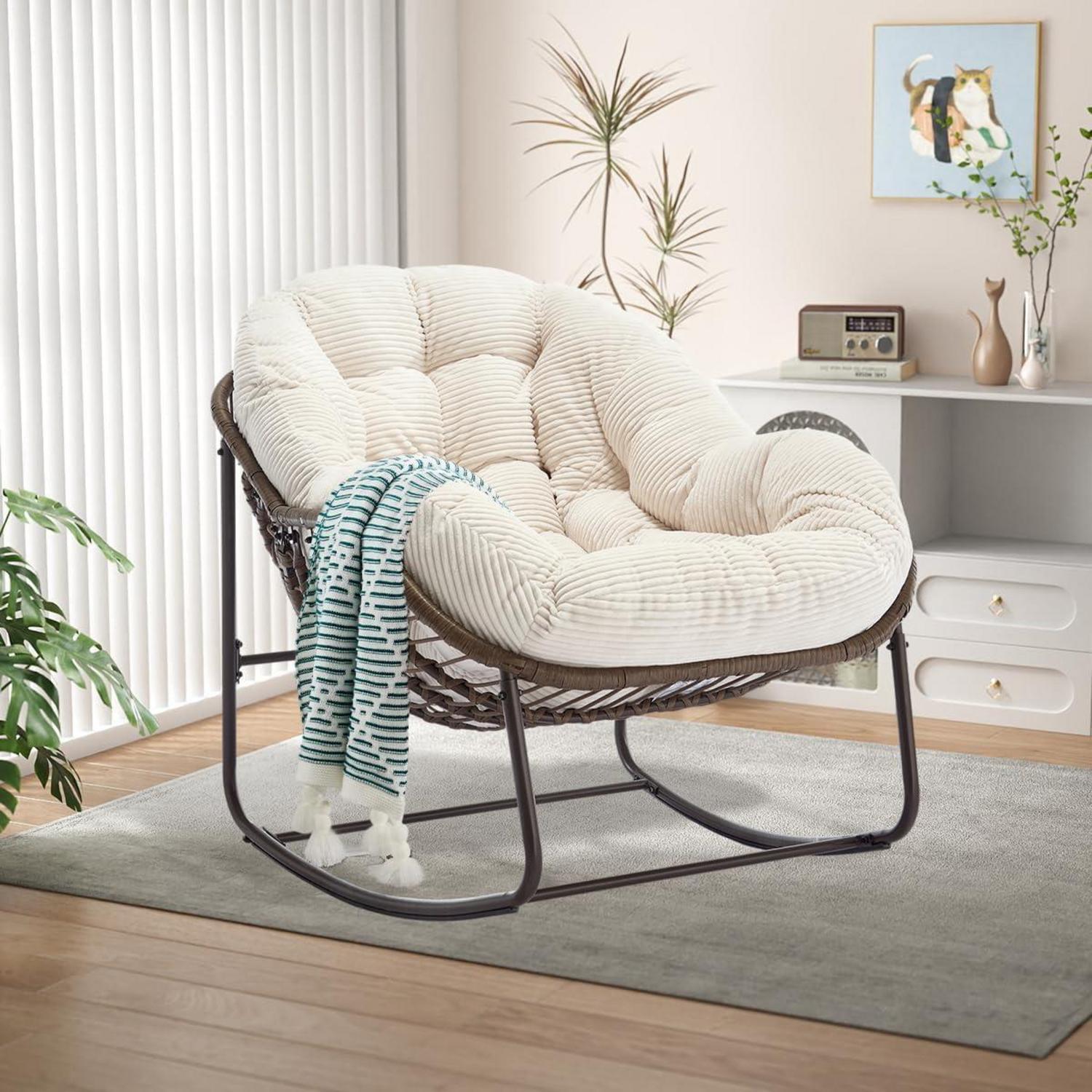 Schaukelstuhl Rattan Mit Cord-kissen, Indoor & Outdoor Loungesessel, Weiß
