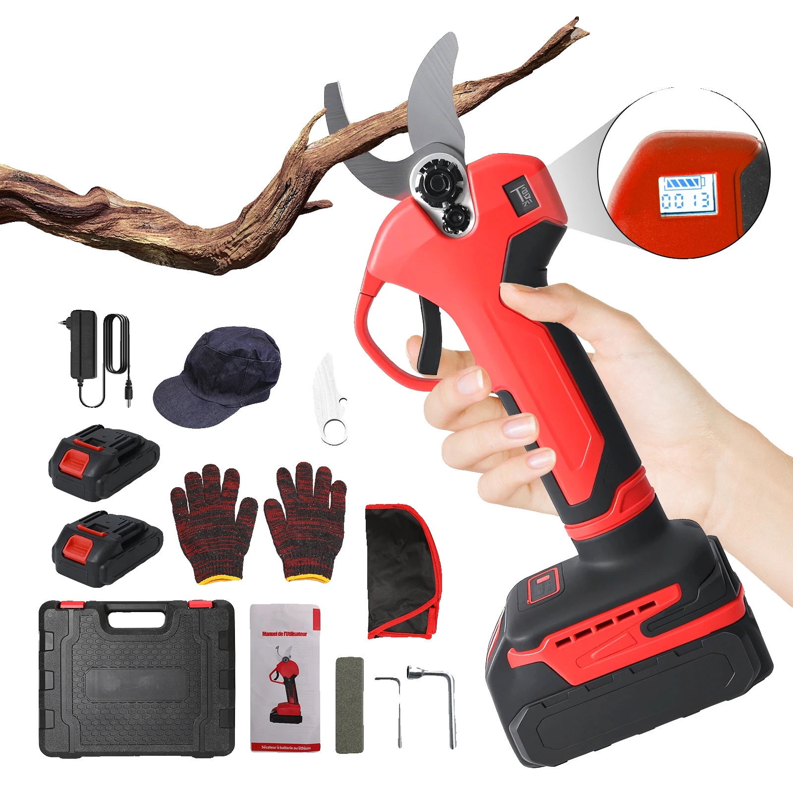 Elektrische Gartenschere, Bürstenloser Motor, Digitalanzeige, 2 Akkus, Rot, Eu