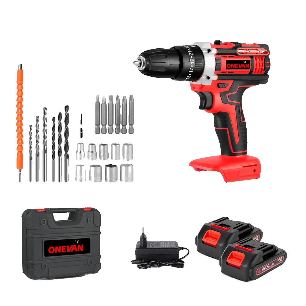 Schlagbohrmaschine, 500 W Leistung, 2 Geschwindigkeiten, 2 Akkus, 1 Stecker – Rot, Eu
