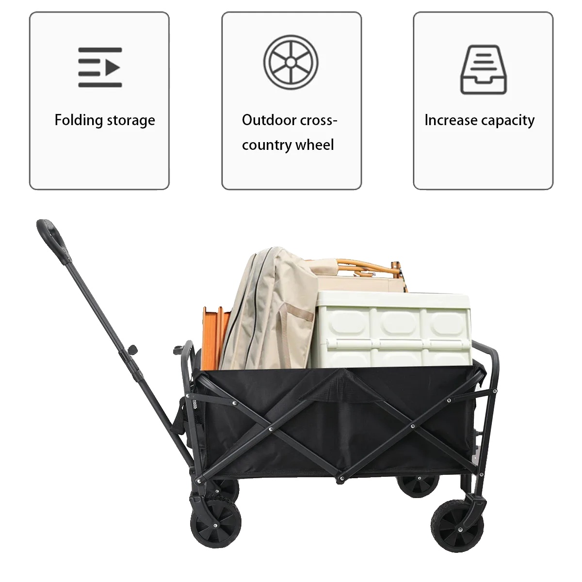 Faltbarer Trolley, Großes Fassungsvermögen, Geländeräder, Schwarz