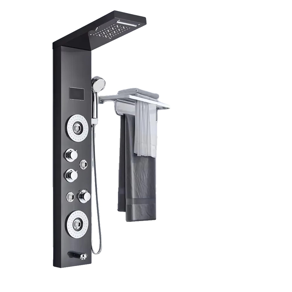 Duschpaneel Mit Regen- Und Wasserfallfunktion, Led-beleuchtung Mit Temperaturanzeige, S8006 Schwarz