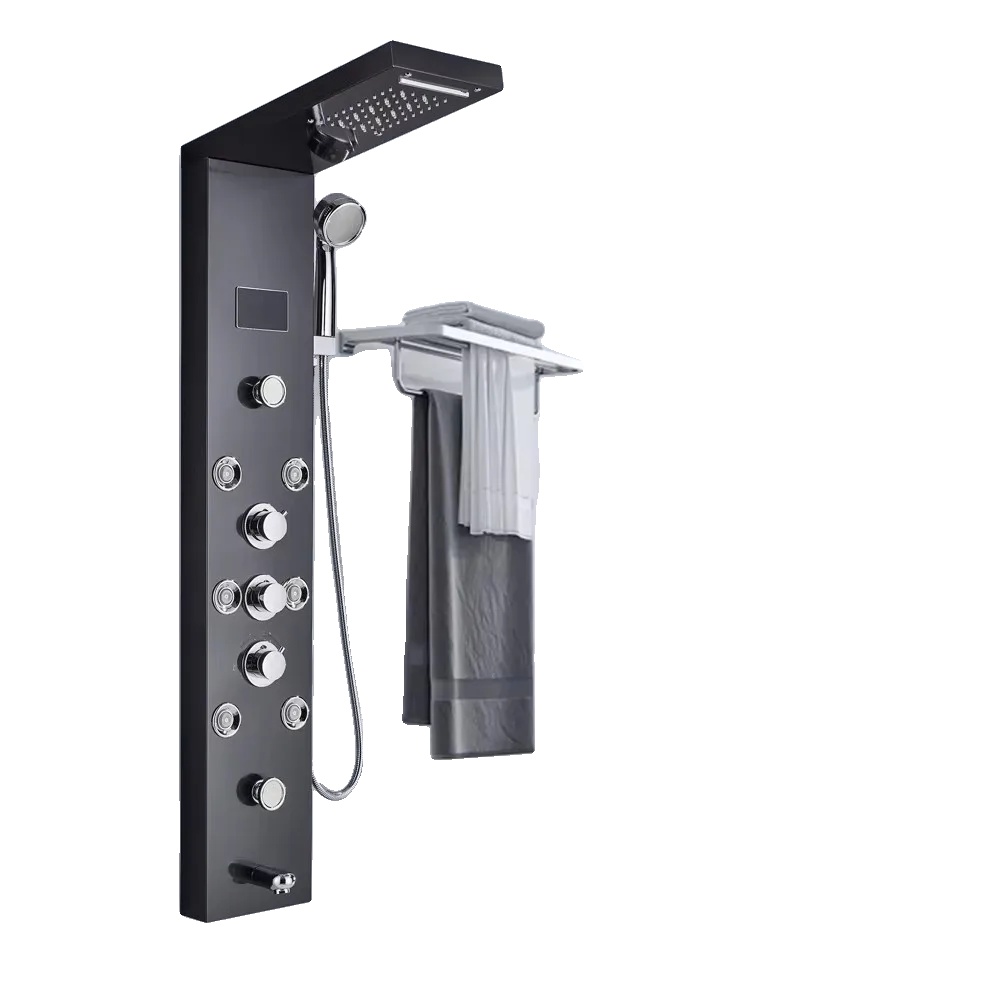 Duschpaneel Mit Regen- Und Wasserfallfunktion, Led-beleuchtung Mit Temperaturanzeige, S8009 Schwarz