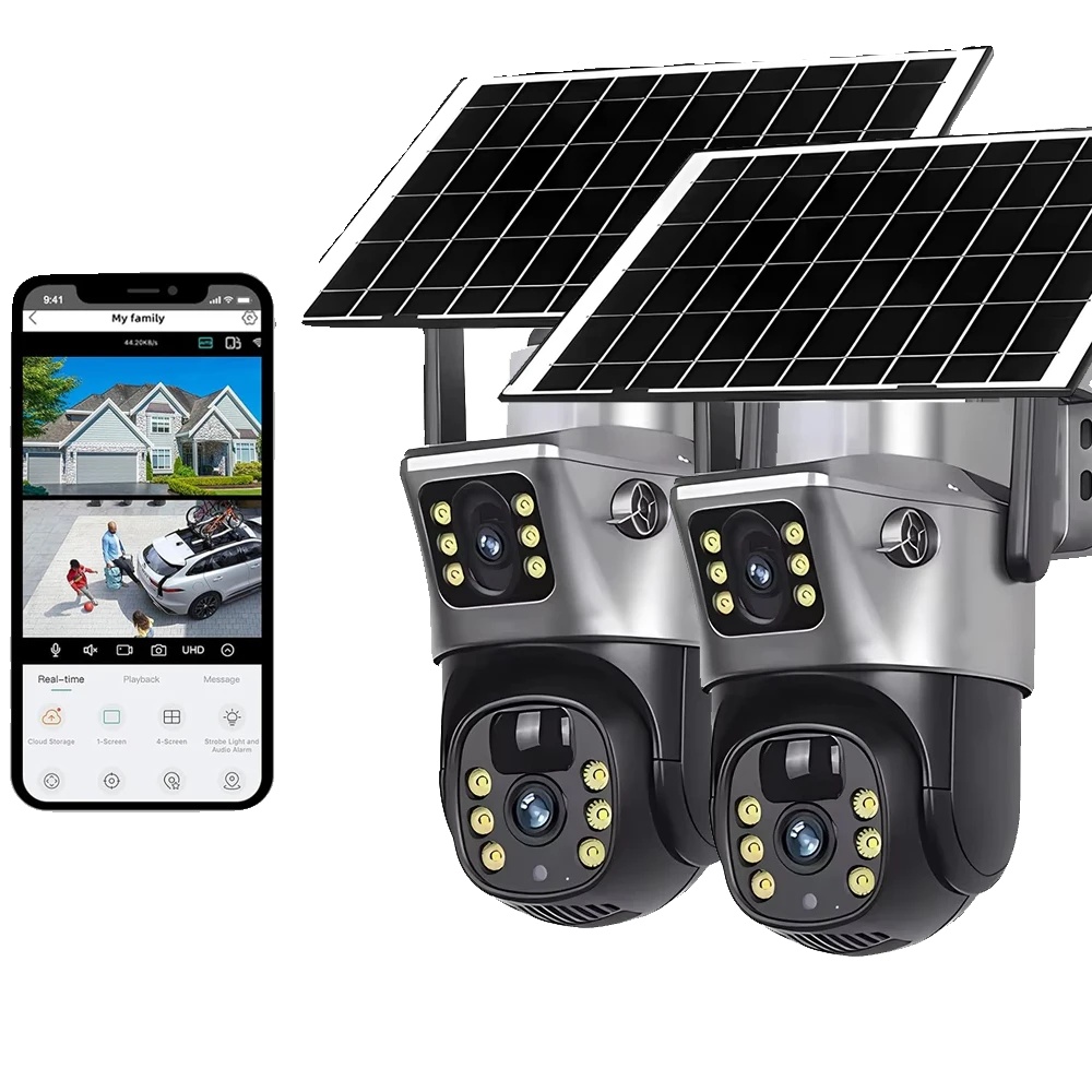 Kabellose Überwachungskamera, 4k-doppelobjektiv, Zwei-wege-audio, 2er-pack, Solarbetrieben, Keine Speicherkarte Erforderlich