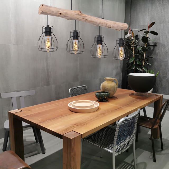 Holz Design Hängeleuchte mit Gitter Lampenschirmen Pendelleuchte mit Holzbalken 4 flammig, Metall schwarz Holz natur, 4x E27 max 40 Watt, LxBxH