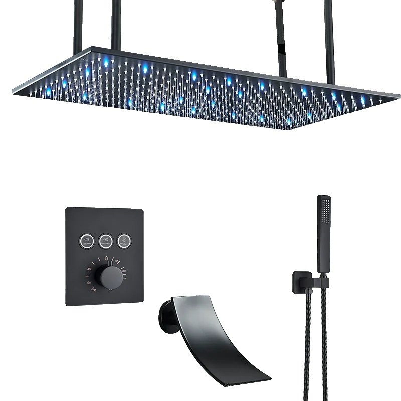 Duschset Mit Led-funktion, Wasserfall- Und Regenduschkopf, Mattschwarz J