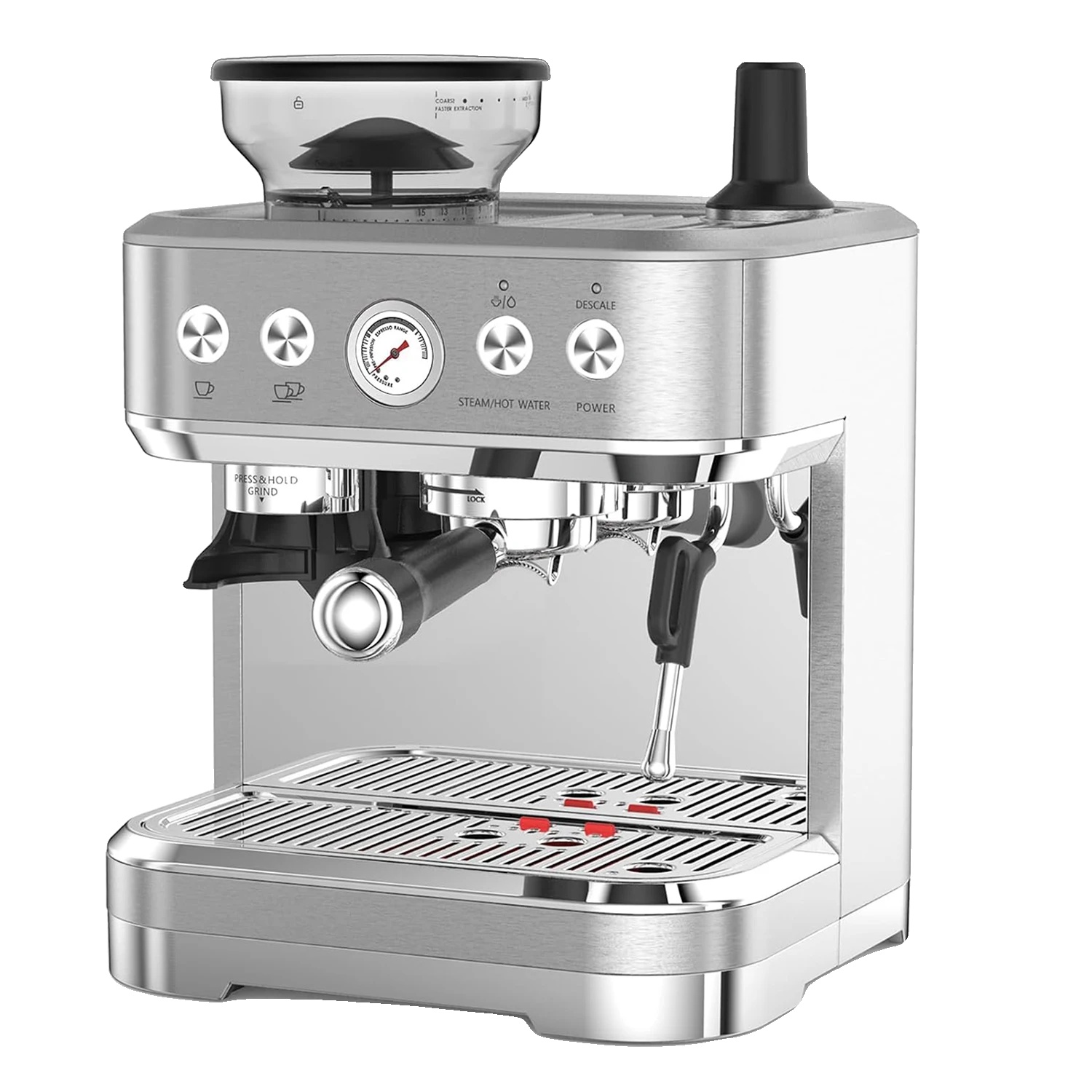 Espressomaschine, Integriertes Mahlwerk, Milchaufschäumer, Silber