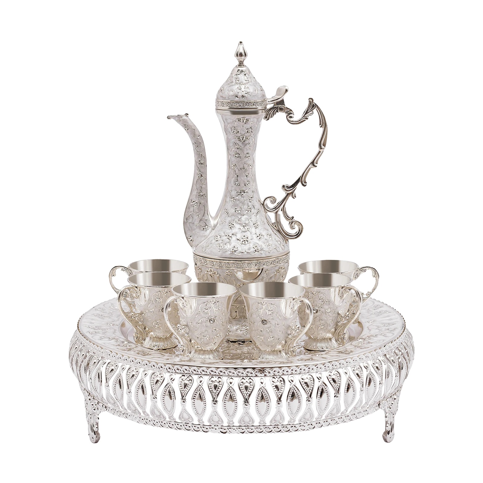 Teeservice, Teekanne Und Sechs Teetassen, Europäisches Design, Silber, Achtteiliges Set
