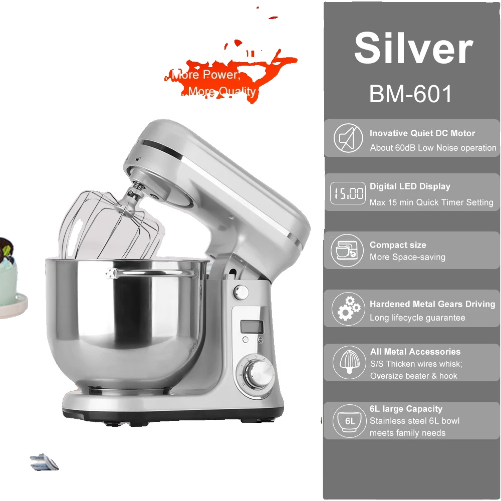Küchenmaschine, 6 Geschwindigkeitsstufen, 6 L Fassungsvermögen, 6l Silber Bm-601, Eu-b