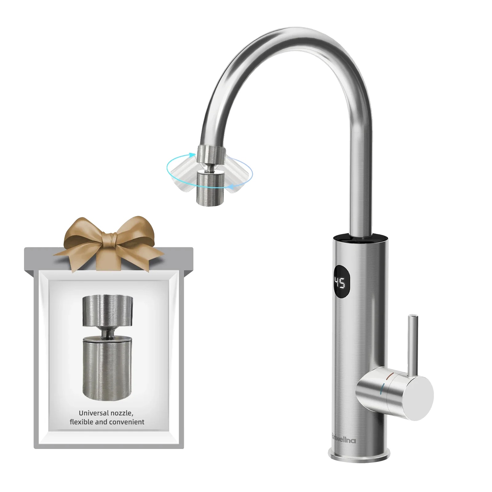 Warmwasserbereiter-armatur, Sofortheizung, 360° Schwenkbarer Auslauf, Gebürstetes Silber Pro, Eu