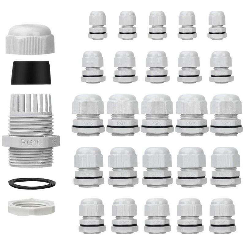 Kabelverschraubungen – 25er-packung Wasserdichte Kabelverschraubungen – Verstellbar – Pg7, Pg9, Pg11, Pg13,5, Pg16 – Kabelverbinder – Überwurfmuttern – Kunststoffdichtungen Mit Unterlegscheiben – Weiß