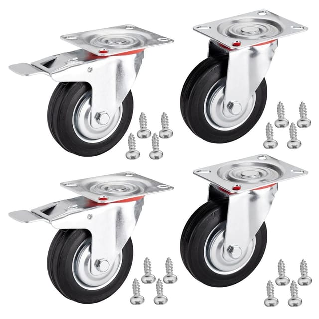 4er SET SOTECH Transportrollen RED Ø 125 mm (2x Lenkrollen, 2x Lenkrollen mit Bremse) Höhe 151 mm, Anschraubplatte 100 x 82 mm Traglast bis 440 Kg