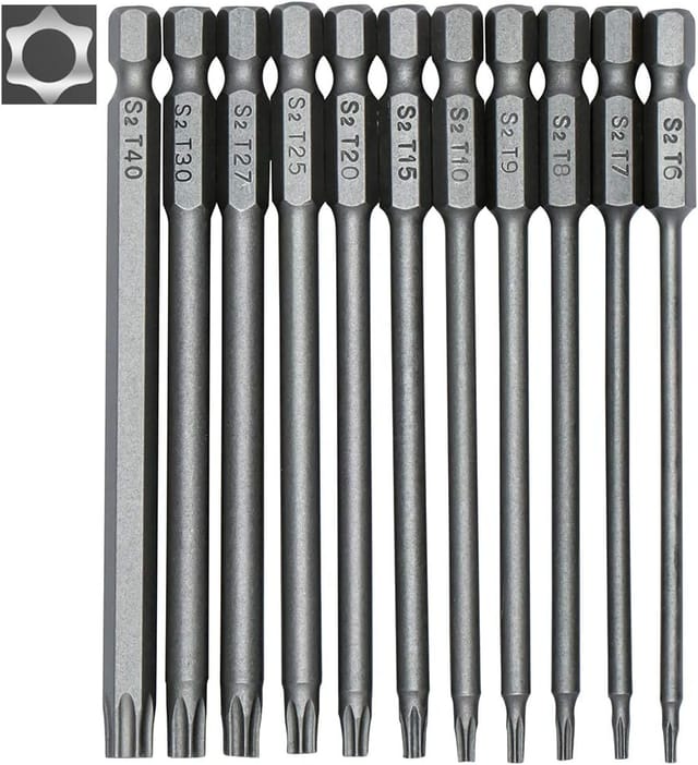 Set mit 11 langen Torx-Bits für Schraubendreher und Akkuschrauber - Magnetische Bits - 1/4' Sechskantschaft - Größen T6 bis T40 - Länge 100 mm - Lntyq