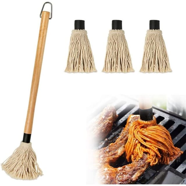 Lntyq - Grillpinsel, Küchenpinsel zum Grillen von Saucen und Saucen mit langem Holzgriff und 3 zusätzlichen Ersatzköpfen zum Kochen und Grillen
