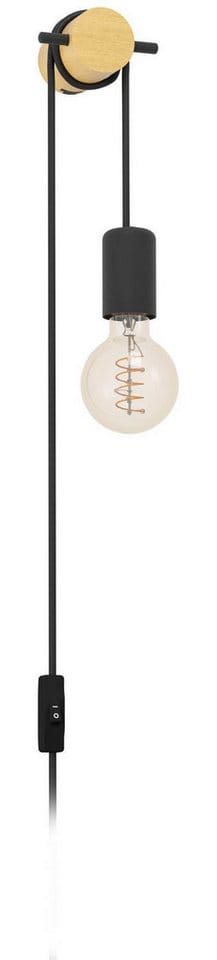 Wandlampe innen Buddon, Wandleuchte Vintage Natur, Wandbeleuchtung mit Stecker und Schalter, helles Holz und schwarzes Metall, fsc zertifiziert, E27