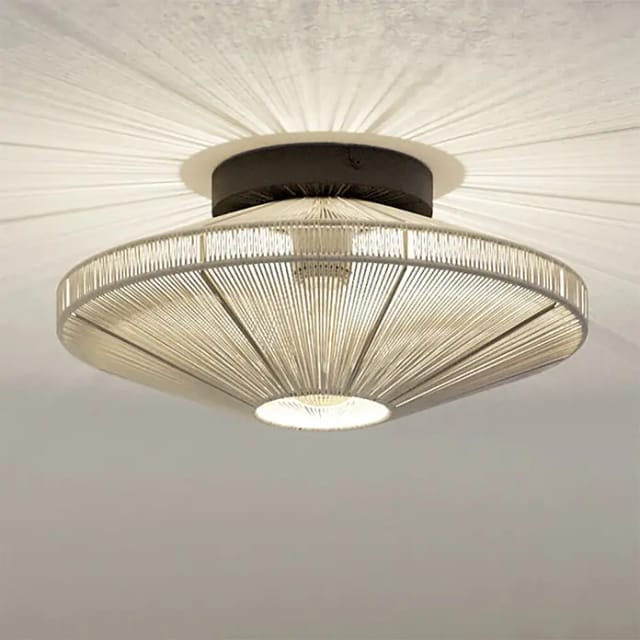 Deckenlampe Midsumer, Deckenleuchte aus Stoff, Deckenbeleuchtung Japanisch aus Metall in Schwarz und Naturgarn in Creme, Wohnzimmerlampe mit E27