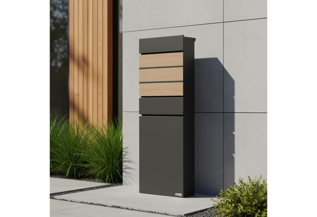 Zelsius - Briefkasten mit Zeitungsfach, Standbriefkasten, Anthrazit (RAL7016) mit Holzoptik (Buche)