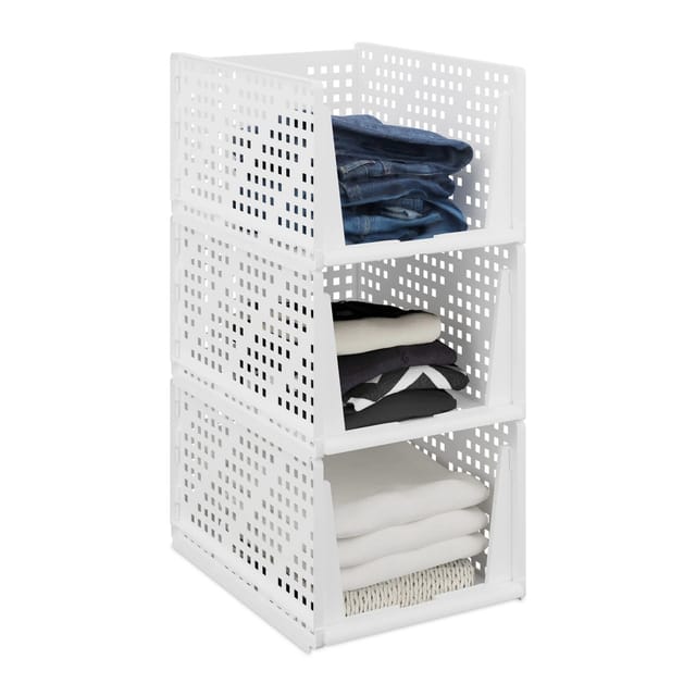 Relaxdays - Schrank Organizer 3er Set, stapelbare Kleiderschrank Aufbewahrungsboxen, 24,5x33,5x43,5 cm, ausziehbar, weiß