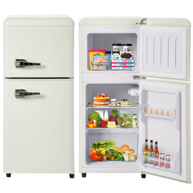60-l-Kühlschrank mit 2 Türen, Gefrierfach, LED-Beleuchtung, verstellbarem Regal, Metalltürgriff, Vintage-Stil, -27–13 °C – Weiß
