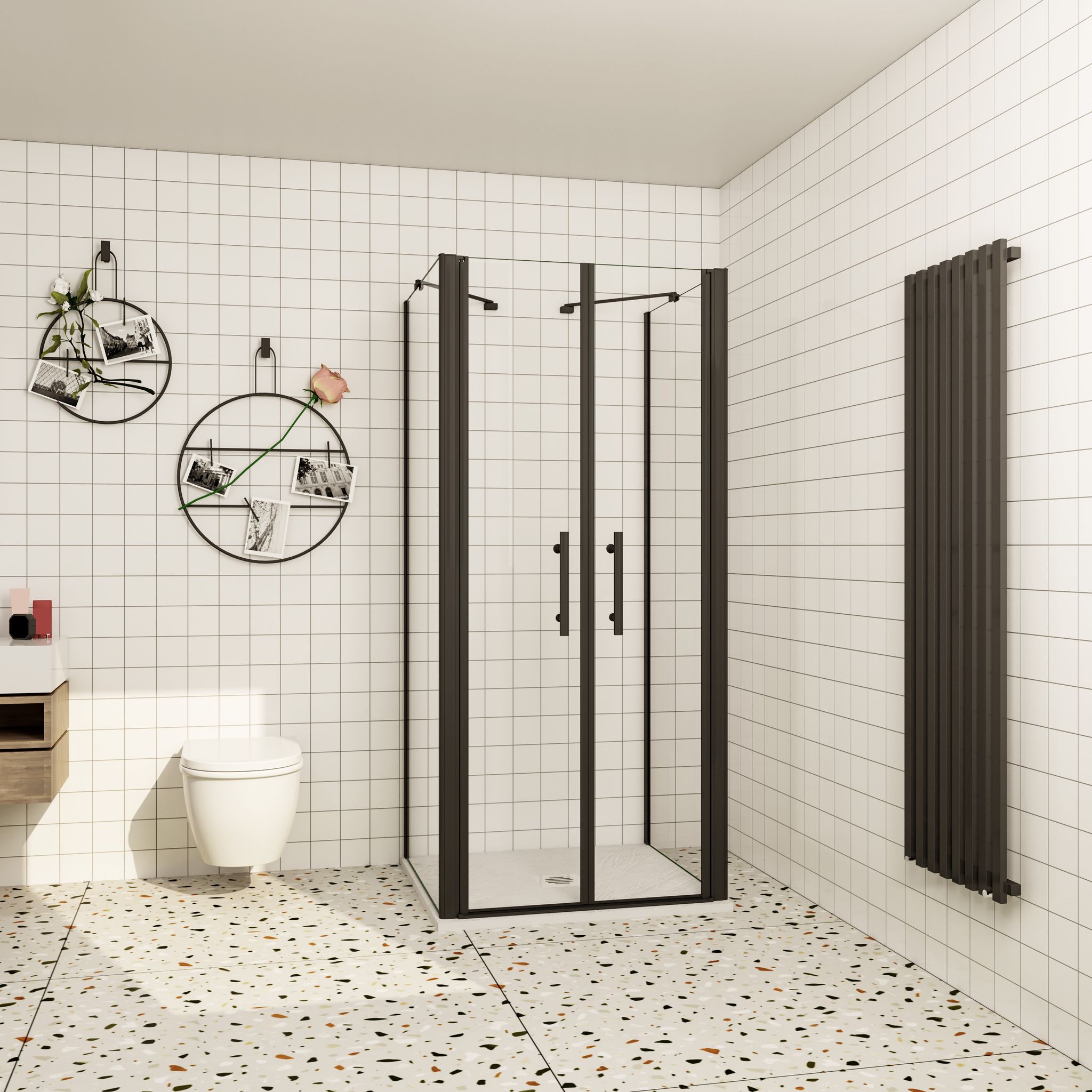 Aica 80x195cm Schwarze U Form Dsuchabtrennung Duschwände Pendeltür Mit Seitenwand,6mm Nano Nano Esg Glas, 450mm Stützstab