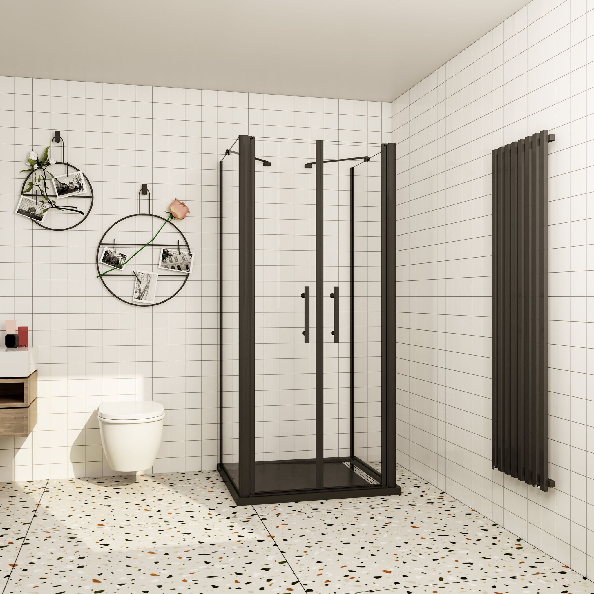 Aica U Form Duschabtrennung Duschwände 80x195cm, Pendeltür Mit Seitenwand, 6mm Nano Nano Esg Glas, 450mm Stützstab, Inkl. 80x80cm Steineffektduschwanne