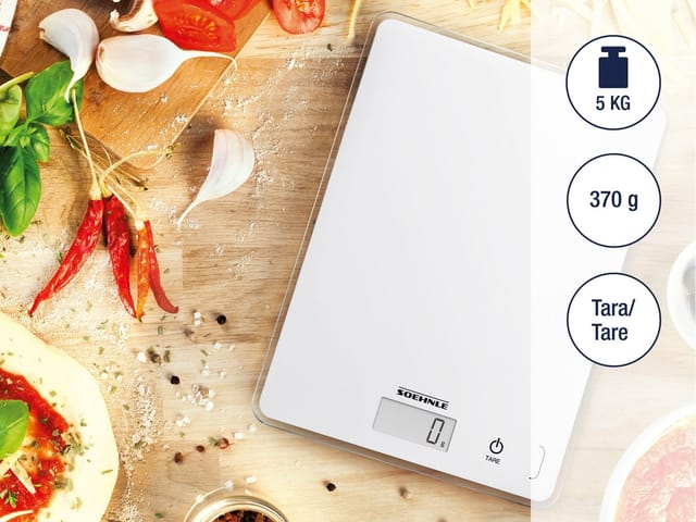 Küchenwaage Page Compact 300 weiß, digitale Küchenwaage bis zu 5 kg Tragkraft, Waage mit leicht ablesbarer LCD-Anzeige, Digitalwaage mit