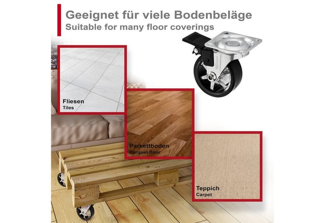 Sotech Set Möbelrollen rapid ø 50 mm schwarz 2 x mit und 2 x ohne Bremse (Feststeller) inkl. Schraubenset Belastbarkeit bis 140 kg (35 kg pro