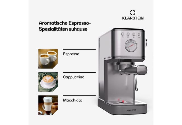 Klarstein - SteelPresso Slim Siebträgermaschine – 20 Bar, 1350W, 1,2L Wassertank, Dampfdüse, Edelstahlgehäuse, Kompakt, Einfache Bedienung, Leichte