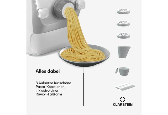 Klarstein - Pastamania Nudelmaschine Elektrisch – 260 w Vollautomatische Pastamaschine mit 7 Aufsätzen, 500 g Kapazität, Leise (60 dB), LED-Anzeige,