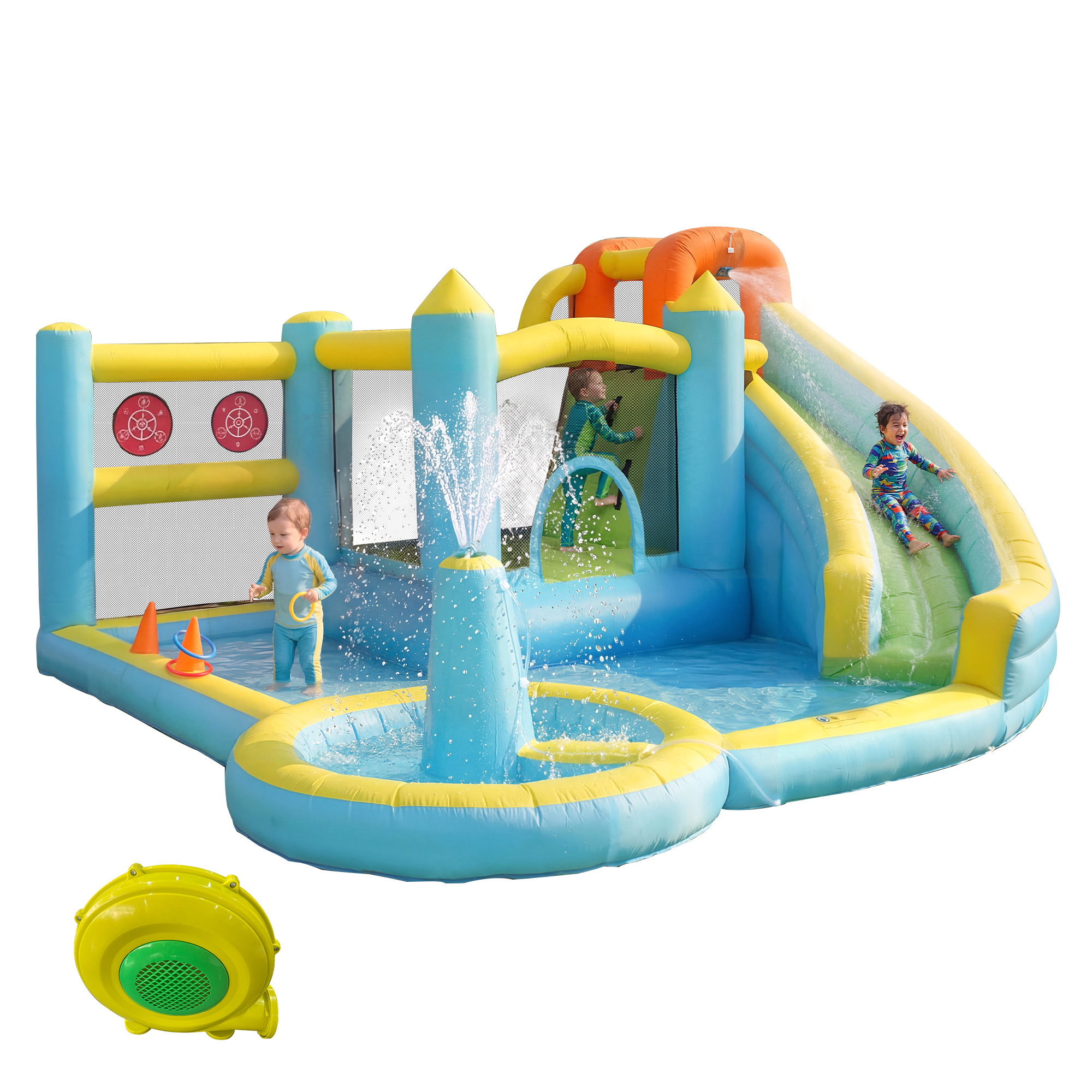 Kinder Hüpfburg Wasserpark Wasserrutsche Pool Aufblasbare Wasserspielburg – Mit Gebläse, 22,6 Kg, Aus Stoff – 430×390×210 Cm – Wasserspaß Im Sommer