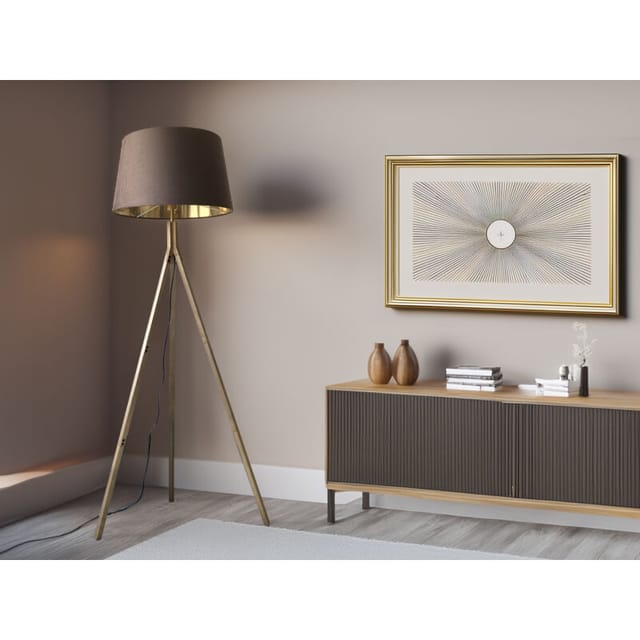 Meinewunschleuchte - Stehlampe mit Dreibein aus Holz, Samtschirm Braun Gold, Höhe 157cm
