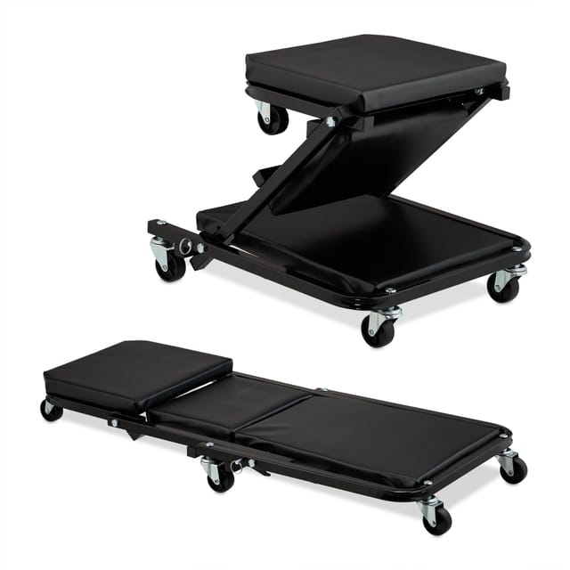 Rollbrett Werkstatt bis 150 kg, 2in1 Rollsitz & Werkstattliege klappbar, 360° drehbar, f. Auto, Stahl, schwarz - Relaxdays