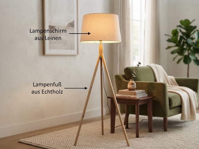 Meinewunschleuchte - Stehlampe mit Dreibein aus Holz, Stoff Lampenschirm Creme Weiß, Höhe 157cm