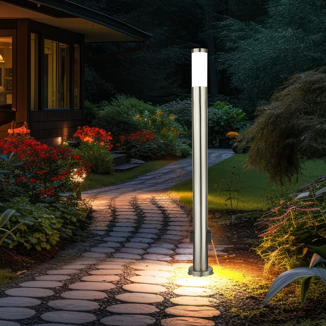 Stehleuchte Standlampe Garten Terrassenlampe Edelstahl Außen led, Außensteckdosen, Metall, 1x E27 Fassung, DxH 13,1x110 cm