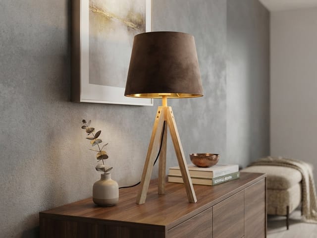 Große Tischlampe mit Dreibein aus Holz, Samtschirm Braun Gold, Höhe 55cm