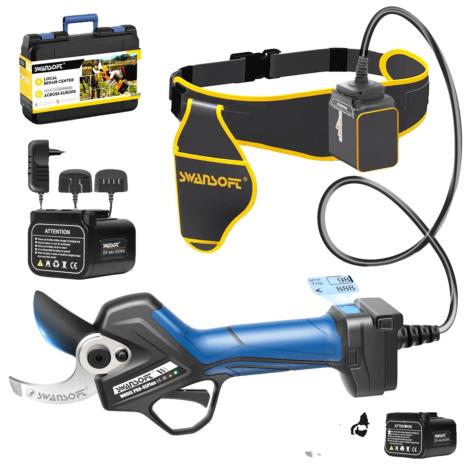 Elektrische Gartenschere, Verstellbarer Schnittdurchmesser, Leichtes Design, Blau, Zwei Batterien