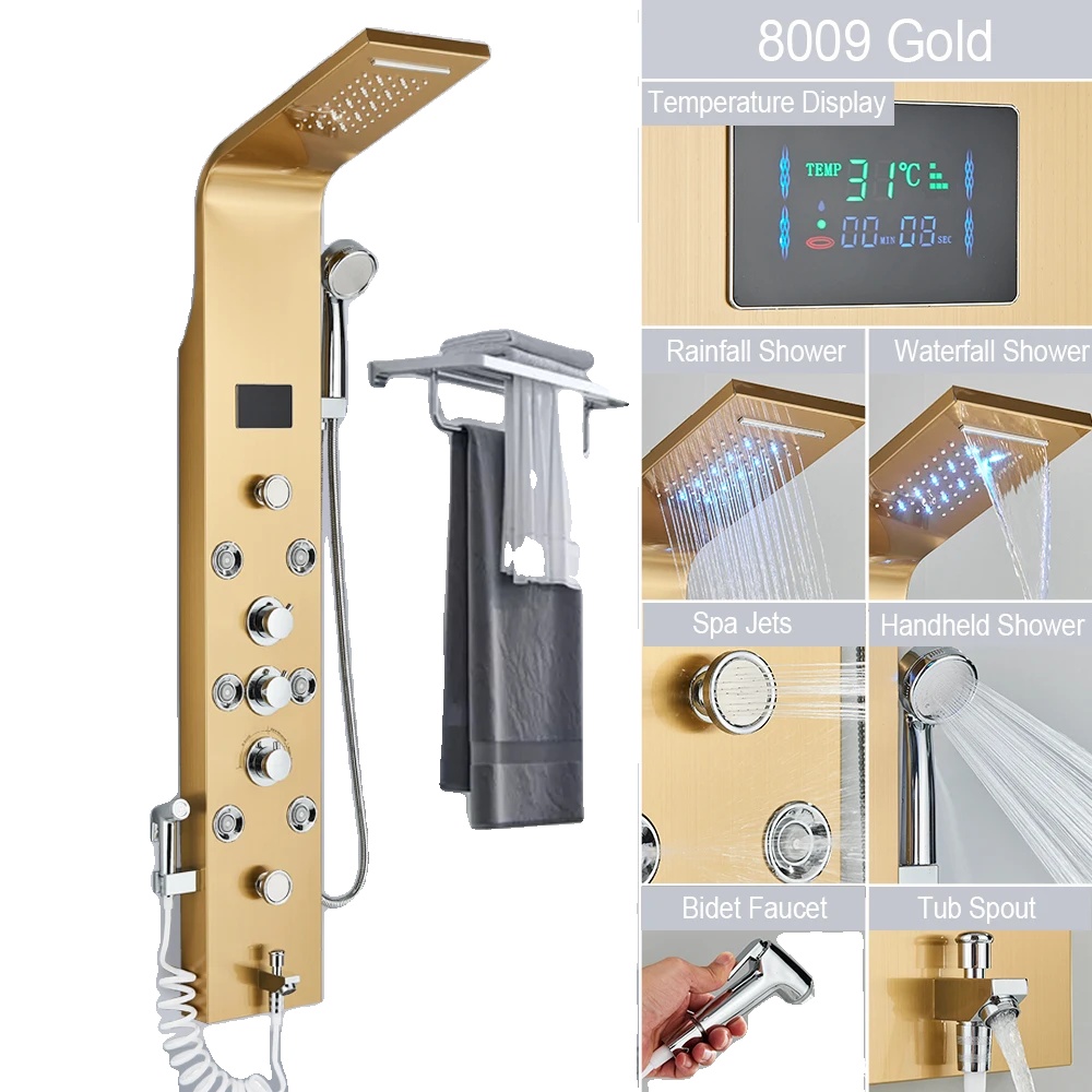Duschpaneel, Regen- Und Wasserfallmodus, Dreigriffbedienung, Gold 8009