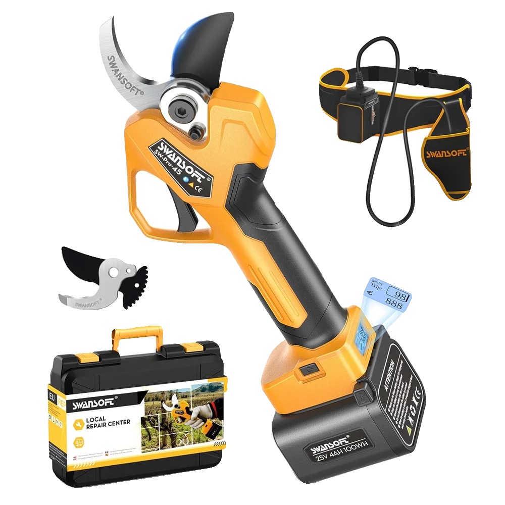 Elektrische Gartenschere, Kabellos, Bürstenloser Motor, Gelb, Zwei Akkus