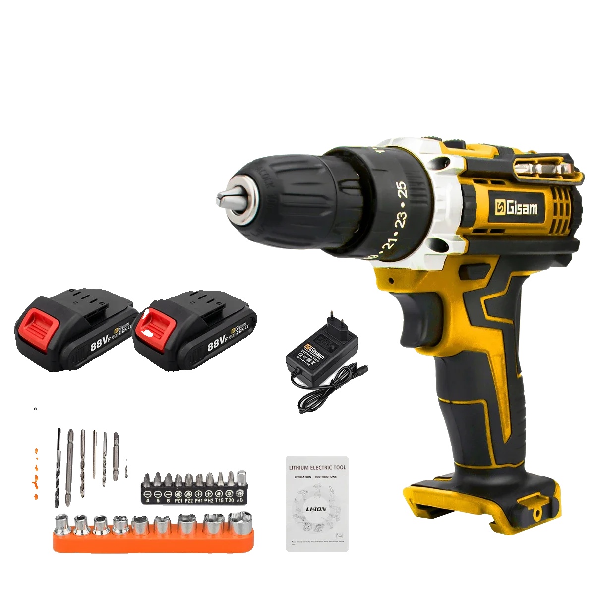 Akkuschrauber, 25+3 Drehmomenteinstellungen, Hocheffizienter Motor, Gelbe Kartonverpackung