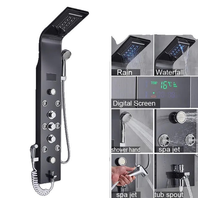 Luxuriöses Digitales Duschpaneel-set Für Badezimmer, Wasserfall-regenarmaturen, Warm- Und Kaltwassermischer, Schwarz 8009