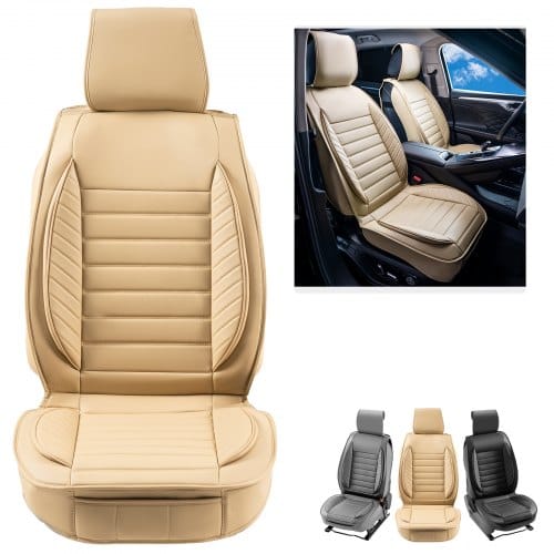 Sitzbezüge, Universal Autositzbezüge Vordersitze, 2 Stk. Kunstleder Sitzbezug, Halbgeschlossenes Design, Abnehmbare Kopfstütze Und Airbag Kompatibel, Für Die Meisten Autos Suvs Und Trucks Beige